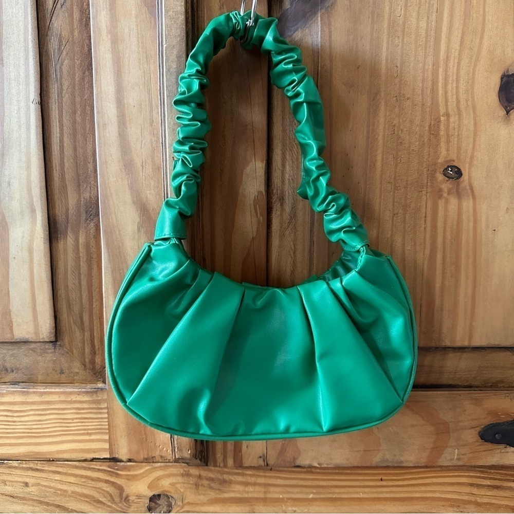 Green Ruched Hobo Mini Bag Underarm Purse Y2K Shoulder Bag Pleated PU Leather - Picture 2 of 12